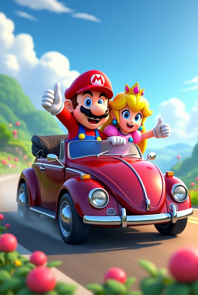 A dark wine colored Beetle, Mario bros and Princess Peach are sitting behind the wheel and put their hand out the side window and show thumbs up like. Cartoon style image of Mario Word