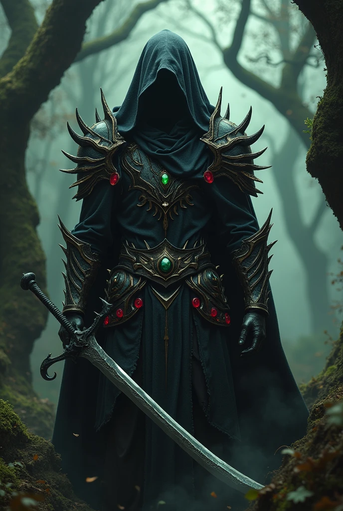 Dark fantasy warrior image in a forest