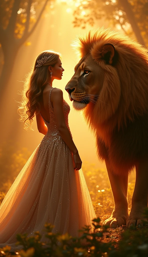 The image shows a visually striking scene featuring a woman in an elegant, sparkling gown standing in close proximity to a lion. Both the woman and the lion are bathed in a warm, golden light, and the lion's mane appears to be glimmering with the same glittering effect as the woman's dress. The image evokes a sense of mystique and regal beauty, blending elements of fantasy and luxury.
