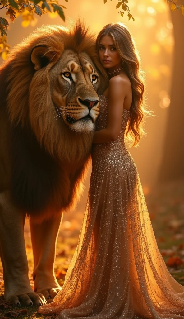 The image shows a visually striking scene featuring a woman in an elegant, sparkling gown standing in close proximity to a lion. Both the woman and the lion are bathed in a warm, golden light, and the lion's mane appears to be glimmering with the same glittering effect as the woman's dress. The image evokes a sense of mystique and regal beauty, blending elements of fantasy and luxury.