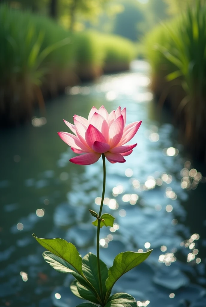 only kamal flower focus in the flowing river