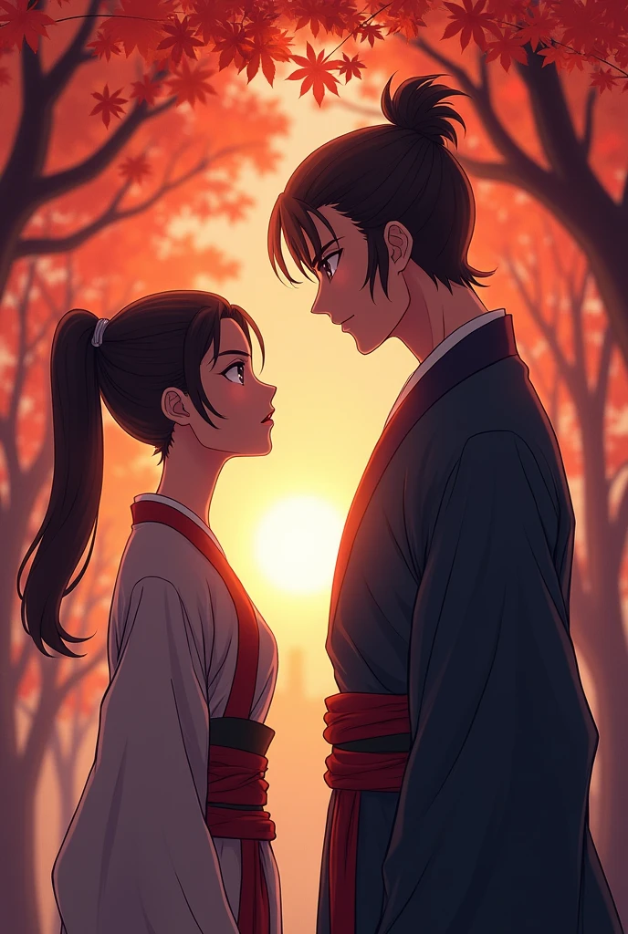 anime characters,comics,Boys knock girls,antiquity,Japanese-style,Maple Grove,evening,Hostile,Female ponytail,Female disguised as male,Male official,Cold,Handsome,Look at each other,Side view angle,tension