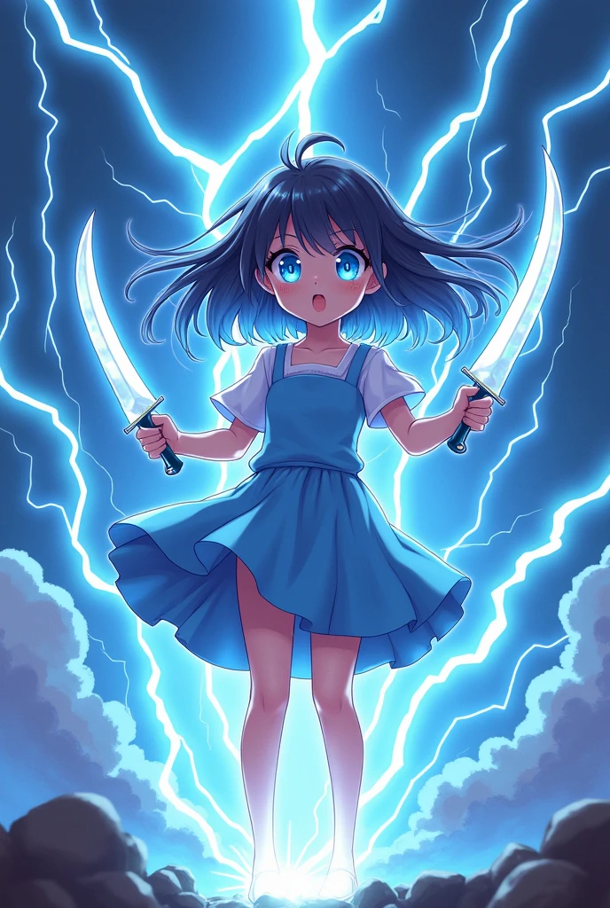 A cute anime girl who has lightning coming out of her body and she is holding two knifes one on each hand and she is also doing a cute standing pose and her eyes are blue and heart shaped and has beautiful hair