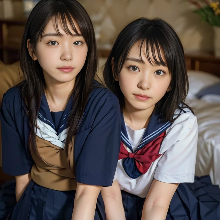 (Masterpiece, Best quality:1.4), (Ultra realistic, Photo-realistic:1.2), Natural light, 25 years old actress, Japanese women, Neat and clean, (school uniform, sailor suit, short sleeve suit, traditional Japanese style with white and navy blue colors, detailed red ribbon and navy blue pleated skirt:1.1), (Ponytail:1.2), Short wavy hair, Light brown hair color, (Beautiful Faces), Oval face, clear, (Beautiful eyes, Kind eyes), (Clear skin), Small face, (Small mouth), (Beautiful mouth), Natural makeup, Approachable, Luxury hotel Suite room, On bed, Seductive smile, (Seductive pose:1.2), (Beautiful thighs:1.1), (Bedroom eyes), (nsfw:1.1), (lesbian couple:1.1), (petting together), obscene reality of girls, (crotch rub:1.1),
