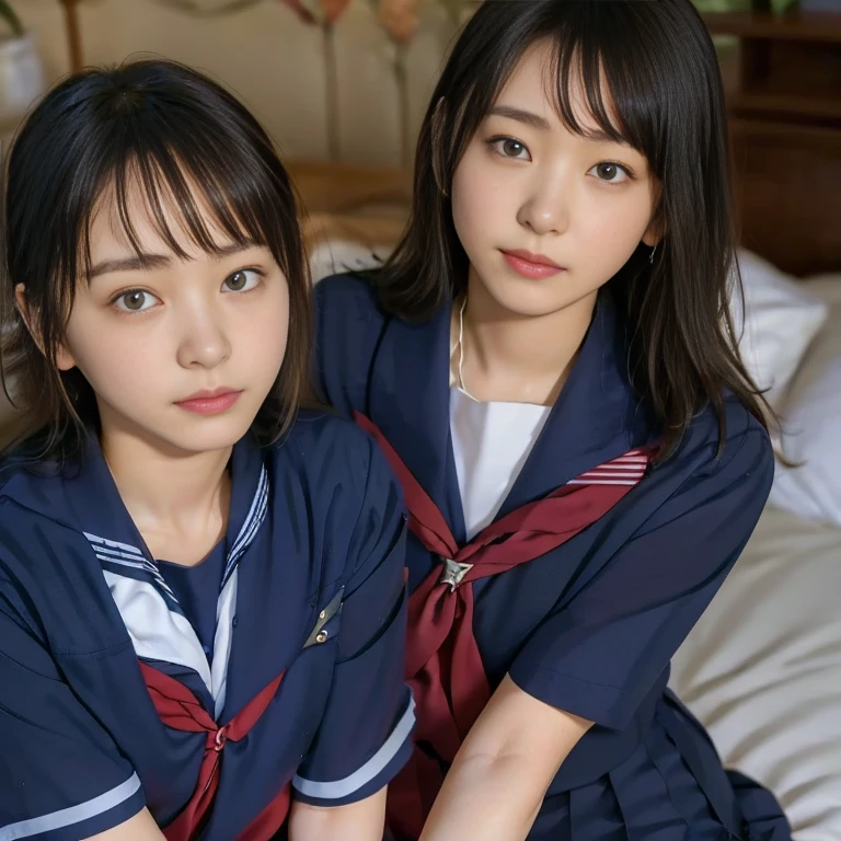 (Masterpiece, Best quality:1.4), (Ultra realistic, Photo-realistic:1.2), Natural light, 25 years old actress, Japanese women, Neat and clean, (school uniform, sailor suit, short sleeve suit, traditional Japanese style with white and navy blue colors, detailed red ribbon and navy blue pleated skirt:1.1), (Ponytail:1.2), Short wavy hair, Light brown hair color, (Beautiful Faces), Oval face, clear, (Beautiful eyes, Kind eyes), (Clear skin), Small face, (Small mouth), (Beautiful mouth), Natural makeup, Approachable, Luxury hotel Suite room, On bed, Seductive smile, (Seductive pose:1.2), (Beautiful thighs:1.1), (Bedroom eyes), (nsfw:1.1), (lesbian couple:1.1), (petting together), obscene reality of girls, (crotch rub:1.1),
