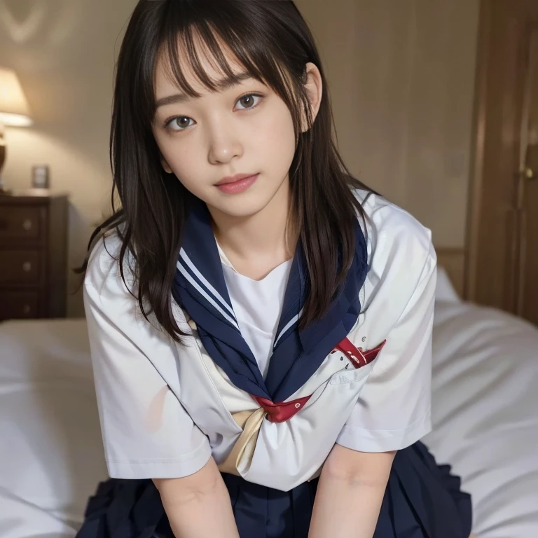 Best-quality, Masterpiece, Ultra-High-Resolution, (Photorealistic:1.4), Raw-Photo, 1girl, -yeld, thost famous Japanese idol, wearing only Japanese high-school uniform with cute design, at midnight, sitting on bed, face-focus, extremely cute face like a most popular Japanese idol, extremely beautiful big-black-eyes, extremely beautiful black-short-cut-haired, extremely beautiful long-eyelashes, extremely beautiful lips, extremely beautiful skins, ((reaching intense orgasm):1.5), detailed Japanese-high-school-uniform-with-cute-design