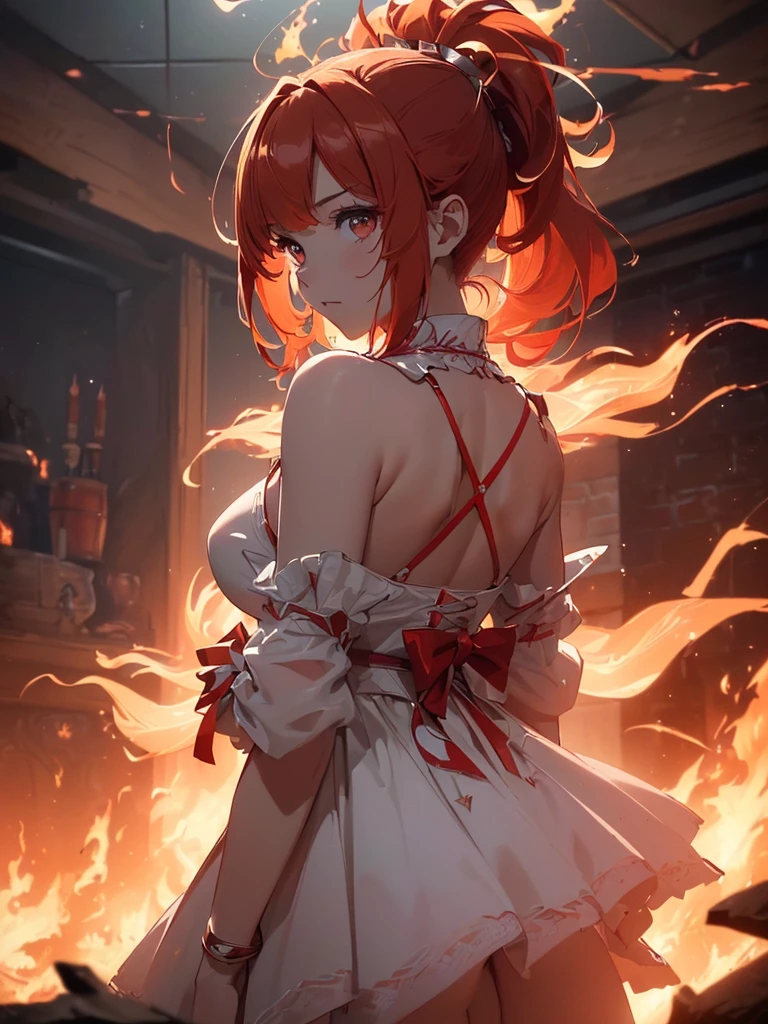 (((best quality, sharp image, clear image, cinematic lighting, 8k resolution, masterpiece, ultra detailed, intricate))) Girl, (((looking over right shoulder))), (shot from behind), ((half shot)), fiery red hair, pigtails, (white dress), ((flaming sigils, flaming runes)), spiky rock formations, flaming lotus flowers, busy background, (swirling flames).