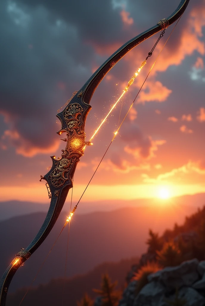 Draw a longbow, known as the dawn bow, with light details, that shoots luminous arrows, magical, with a blessed image. 8k, epic