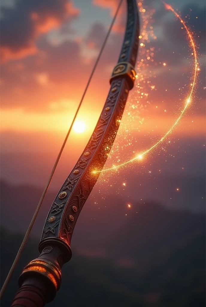Draw a longbow, known as the dawn bow, with light details, that shoots luminous arrows, magical, with a blessed image. 8k, epic