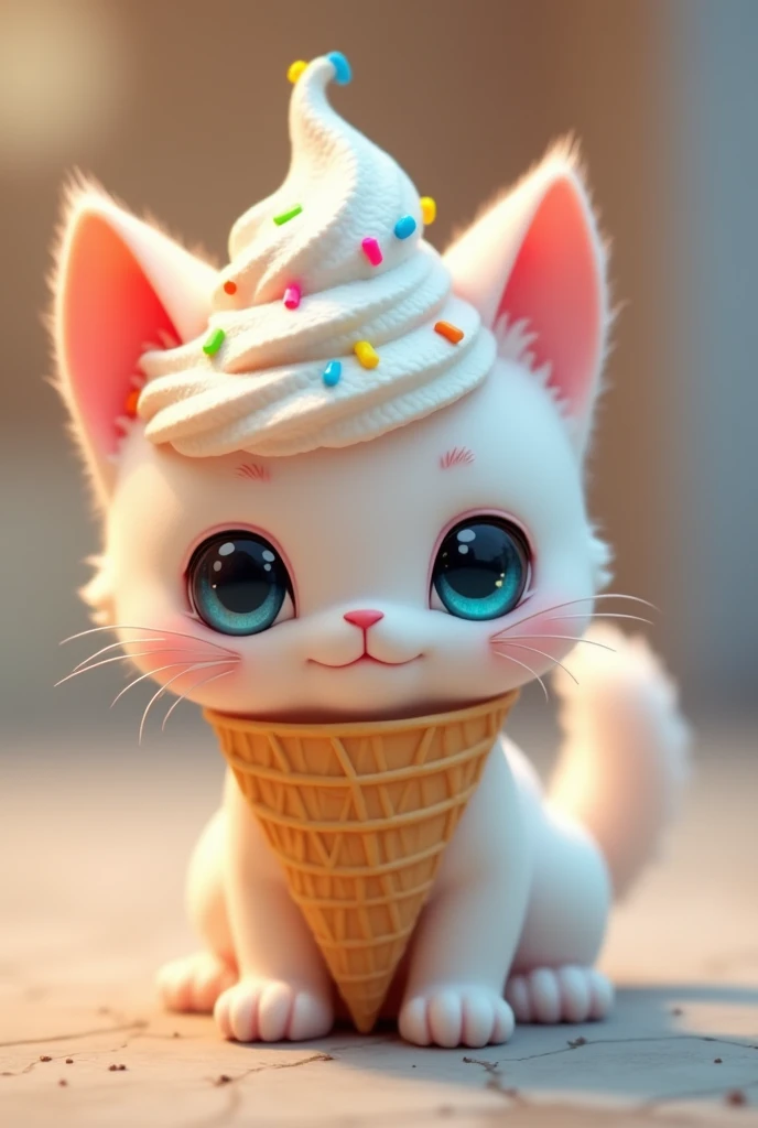 (best quality, masterpiece, ultra detailed, ultra high res, photorealistic, raw photo, absurdres, absolutely resolution), This creature has a cat's body as its base, but its head is shaped like ice cream. Its head is dotted with colorful sprinkles, and its ears are shaped like waffle cones. Its tail is made of an ice cream cone, and it has a soft and sweet atmosphere overall. Its eyes are large and sparkling, and it feels cool to the touch.