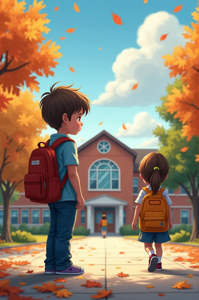  "Show a sad boy watching a girl walk toward a new school. The girl is moving on, leaving the boy behind, highlighting their growing distance."