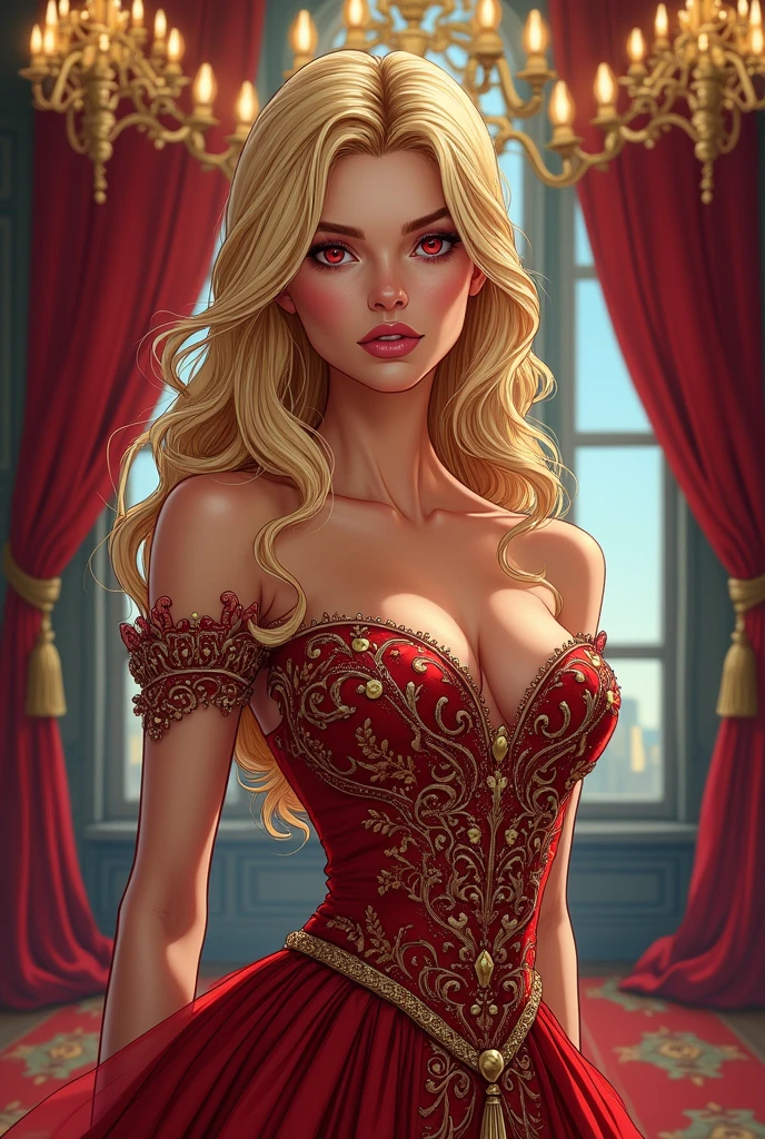 Noah is a sexy woman with blone hair, red eyes, noble woman, duchess, comic style