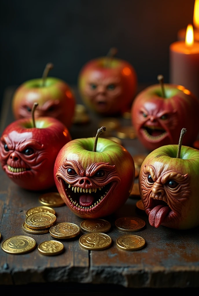 realistic apples with demonized faces representing the seven deadly sins