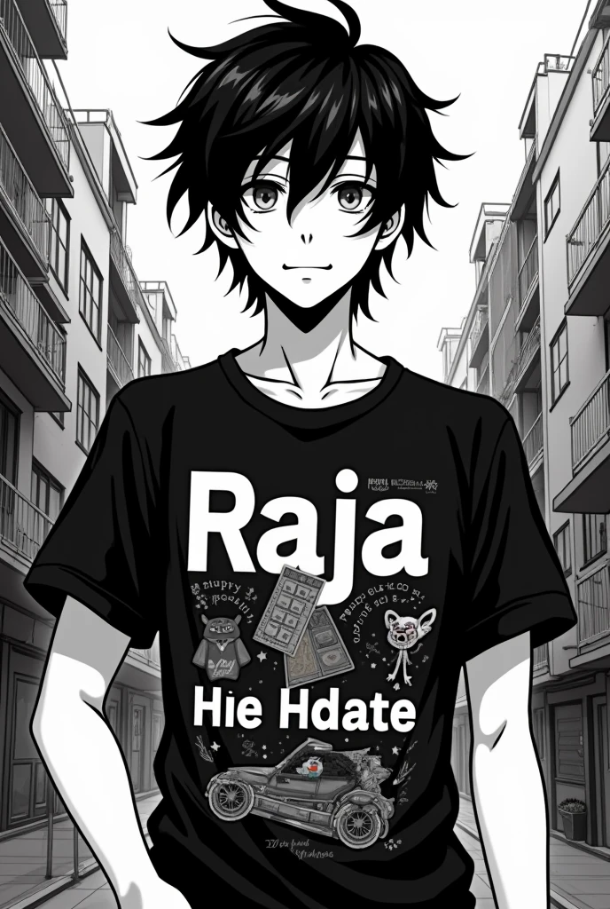 Create a cool black and white-themed profile picture of a stylish young  anime man named Raja. He has medium hair, and is wearing a shirt with branded text or logos. The shirt has a unique print design on it. The overall vibe should be trendy, bold, and suitable for a modern Instagram profile picture.  Use raja word in background good looking body 