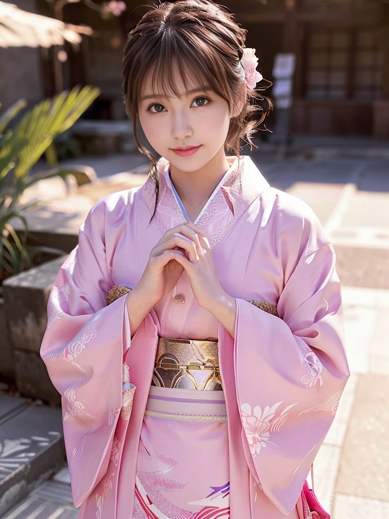 White kimono、pink Japanese pattern、(Long-sleeved kimono:1.5)、or、(Top Grade)、1 female、、Whole Body Ezbian、Black-haired、Tie your hair back、(Realistic:1.7)、((Best image quality))、Absurd、(Ultra-high resolution)、(Photoreal:1.6)、Photoreal、Octane Rendering、(超Realistic:1.2)、(Realistic face:1.2)、(8k)、(4K)、(masterpiece)、(Realistic skin texture)、(Awareness-raising、Cinema Lighting、wall-)、(Beautiful Eyes:1.2)、((((Perfect Face))))、(A cute face like an idol:1.2)、( Are standing)、shrine、(January)、Cute face with attention to detail、True Beauty、Laughter、