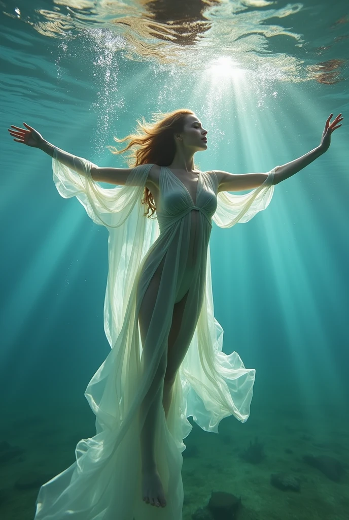 Create a submerged image Model, wearing transparent clothing, menciptakan efek ethereal