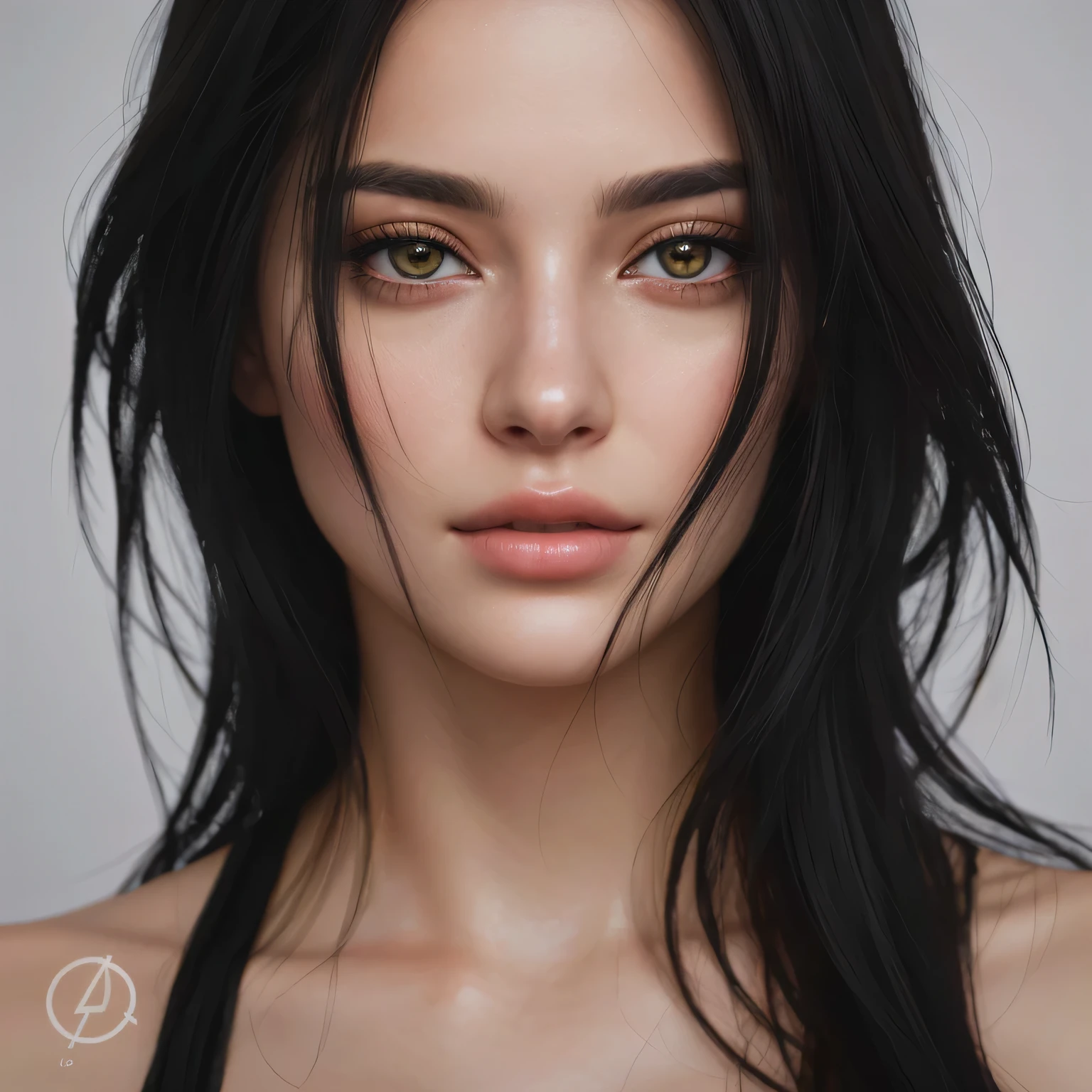 A close-up of a woman with lots of long, black hair and hazel eyes., a black top, ultra Realistic digital painting, very Realistic digital art, ultra-Realistic digital art, highly Realistic digital art, ultra Realistic digital art, Realistic digital painting, ultraRealistic digital art, Realistic digital art, hyper Realistic digital painting, 🤤 girl portrait, hyperRealistic digital painting, Ultra realistic portrait