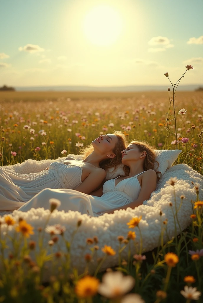 Ten naked women lying on a giant bed in the middle of a field, sleeping, morning, soft sunlight
