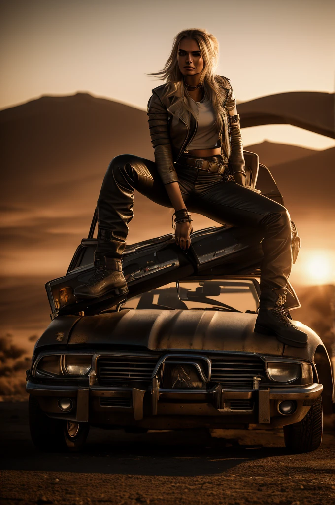 blond haired woman in leather pants leaning on a car in the desert, mad max inspired, mad max style, in mad max style, octane cgsociety, mad max fury road style, octane trending on cgsociety, apocalyptic road warrior vibe, octane. trending on artstation, cyberpunk 2 0 y. o model girl, diesel punk female, cgsociety inspired, mechanic punk outfit