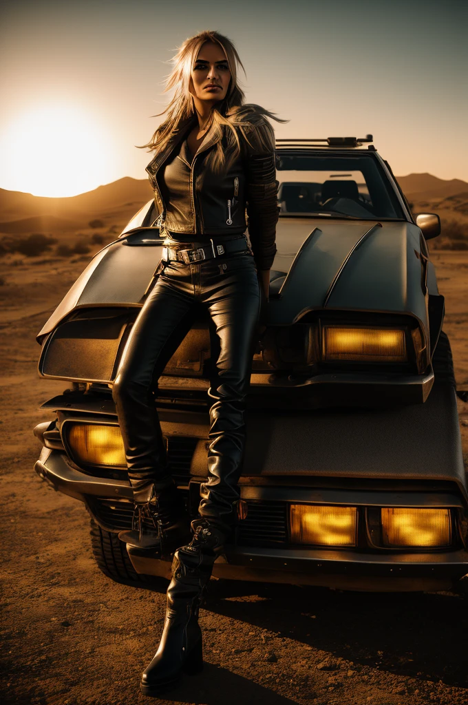 blond haired woman in leather pants leaning on a car in the desert, mad max inspired, mad max style, in mad max style, octane cgsociety, mad max fury road style, octane trending on cgsociety, apocalyptic road warrior vibe, octane. trending on artstation, cyberpunk 2 0 y. o model girl, diesel punk female, cgsociety inspired, mechanic punk outfit
