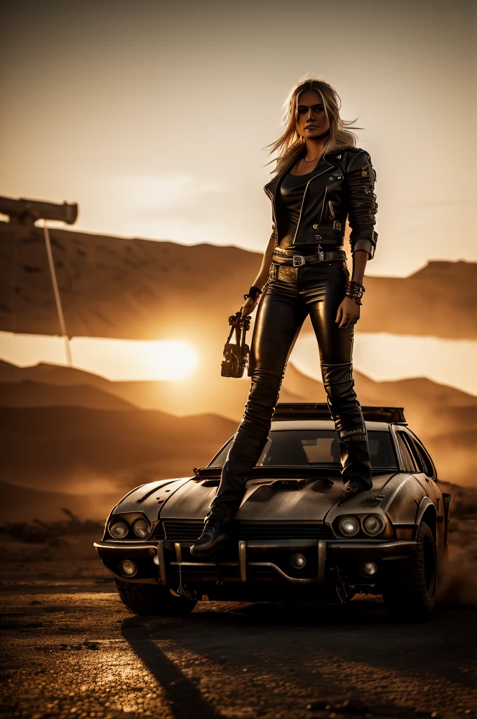 blond haired woman in leather pants leaning on a car in the desert, mad max inspired, mad max style, in mad max style, octane cgsociety, mad max fury road style, octane trending on cgsociety, apocalyptic road warrior vibe, octane. trending on artstation, cyberpunk 2 0 y. o model girl, diesel punk female, cgsociety inspired, mechanic punk outfit