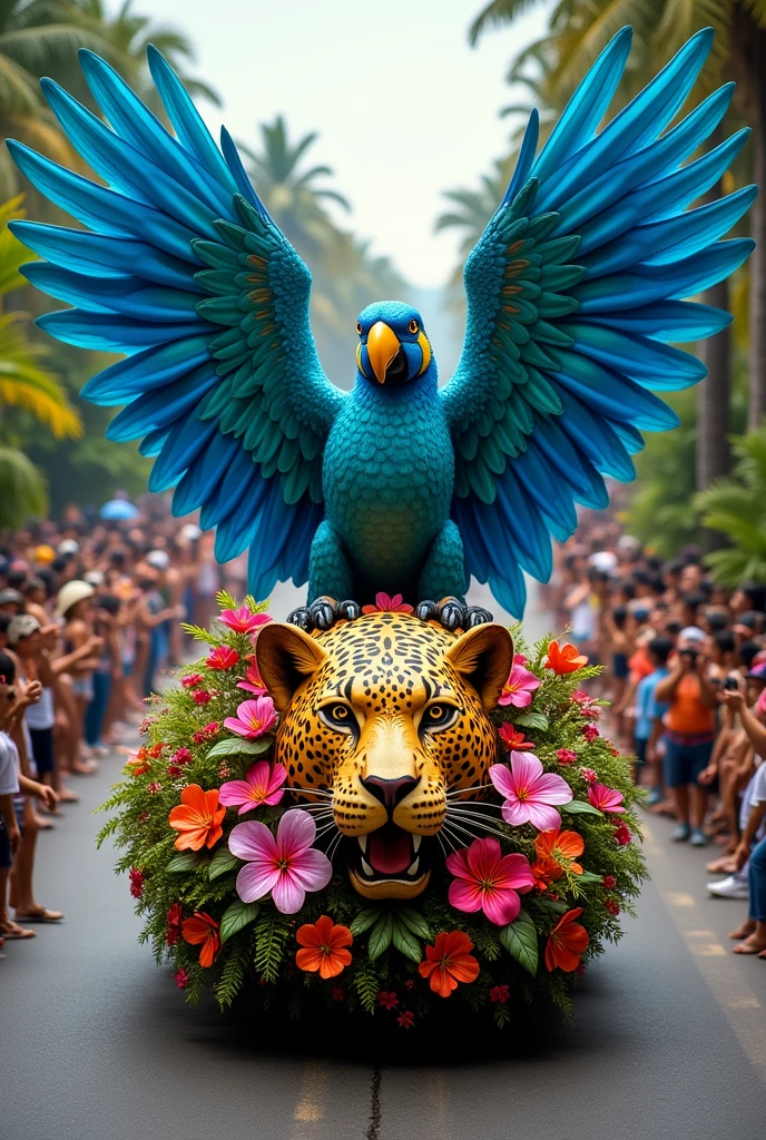 a float with a large blue macaw with open wings and a jaguar head at the front