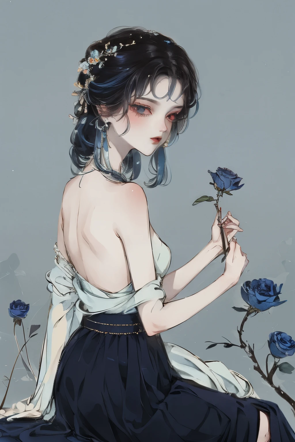 (best quality, masterpiece), (1 girl, solitary, Black skirt, Everlasting , Looking at the audience, Indigo blue hair, Red Eyes, Holding roses, Residence, Upper Body), Butterfly