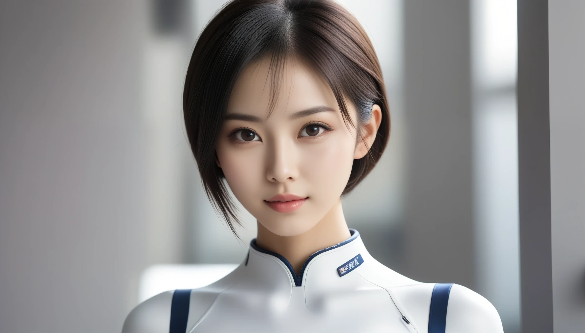 8k, Ultra-high resolution, Highest quality, masterpiece, 三分割法によるphotograph,Surreal, photograph, 1 , (:1.3), cute, cute顔, 細部までBeautiful Eyes, 細かくdetailedに,masterpiece,One Girl:1.2,Japanese women,Young Wife,upper body,smile,Black Short hair,Straight hair,(Space Suit:1.3),(Beautiful attention to detail),Subtle details, detailedな顔, smile,魅力的なsmile,Gray background,(ポートレートphotograph:1.4),(Photorealistic images:1.4),Fantasy art,(Beautiful Face:1.4),Beautiful and attractive eyes、Beautiful Eyes、(Tight waist:1.4)、(Beautiful with perfect body proportions:1.4),Pink Lips,(((Ideal body type))),A-cup small breasts :2,Perfect Anatomy、鮮明なdetailed、detailed,Fashion magazine cover,Thin lips,完璧でBeautiful Face ,完璧でcute顔, Skin with attention to detail, Perfect limbs、Narrow waist,Surreal,Light and shadow,spotlight