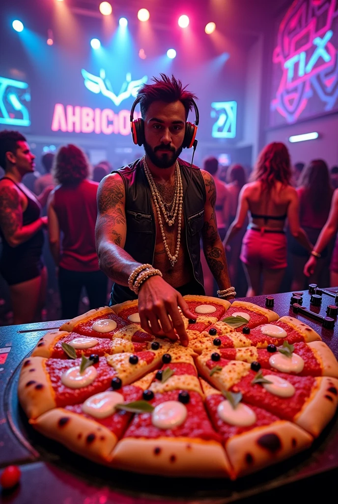 A DJ with a pizza mixing table 