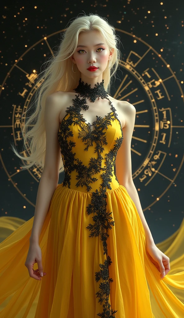 1 2, 1 zodiac goddess from the future, goddess of the pink and purple 12 zodiacs, the goddess of the zodiac in a yellow ao dai, a 12 zodiac ao dai with many black lace detail, mythology Goddess of the 12 zodiacs from the future, zodiac ♏, luxurious glittering zodiac style, dark and mysterious version, zodiac crown, lipstick lips red, thin and beautiful lips, mouth closed, characters made by karol bak and pino daeni, intricate detail, detailed background, extremely detailed, light magic, a woman, clear face, hair long with bangs, beautiful face in detail and well-proportioned eyes, (transparent yellow eyes: 1.8), big round eyes and very beautiful and detailed makeup, foresight, silk dress, mysterious makeup , double bangs and dyed light blonde , upper half portrait, zodiac goddess portrait, arms hanging loosely, Realistic and vivid photo, (stars make up the zodiac: 1.7), (sky background zodiac and fictitious space and time portal: 1.8), fiction art, RAW photo, hanfu picture, best photo, best photo quality, 8k quality, 8k ultra, super realistic, real photo most economical, the goddess poses sexy and seductive,