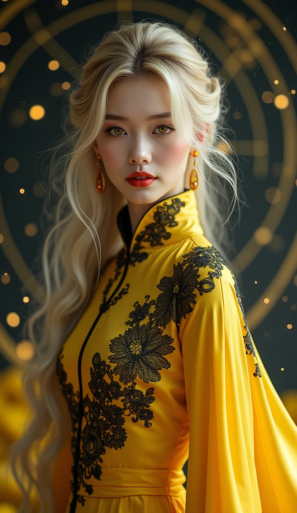 1 2, 1 zodiac goddess from the future, goddess of the pink and purple 12 zodiacs, the goddess of the zodiac in a yellow ao dai, a 12 zodiac ao dai with many black lace detail, mythology Goddess of the 12 zodiacs from the future, zodiac ♏, luxurious glittering zodiac style, dark and mysterious version, zodiac crown, lipstick lips red, thin and beautiful lips, mouth closed, characters made by karol bak and pino daeni, intricate detail, detailed background, extremely detailed, light magic, a woman, clear face, hair long with bangs, beautiful face in detail and well-proportioned eyes, (transparent yellow eyes: 1.8), big round eyes and very beautiful and detailed makeup, foresight, silk dress, mysterious makeup , double bangs and dyed light blonde , upper half portrait, zodiac goddess portrait, arms hanging loosely, Realistic and vivid photo, (stars make up the zodiac: 1.7), (sky background zodiac and fictitious space and time portal: 1.8), fiction art, RAW photo, hanfu picture, best photo, best photo quality, 8k quality, 8k ultra, super realistic, real photo most economical, the goddess poses sexy and seductive,