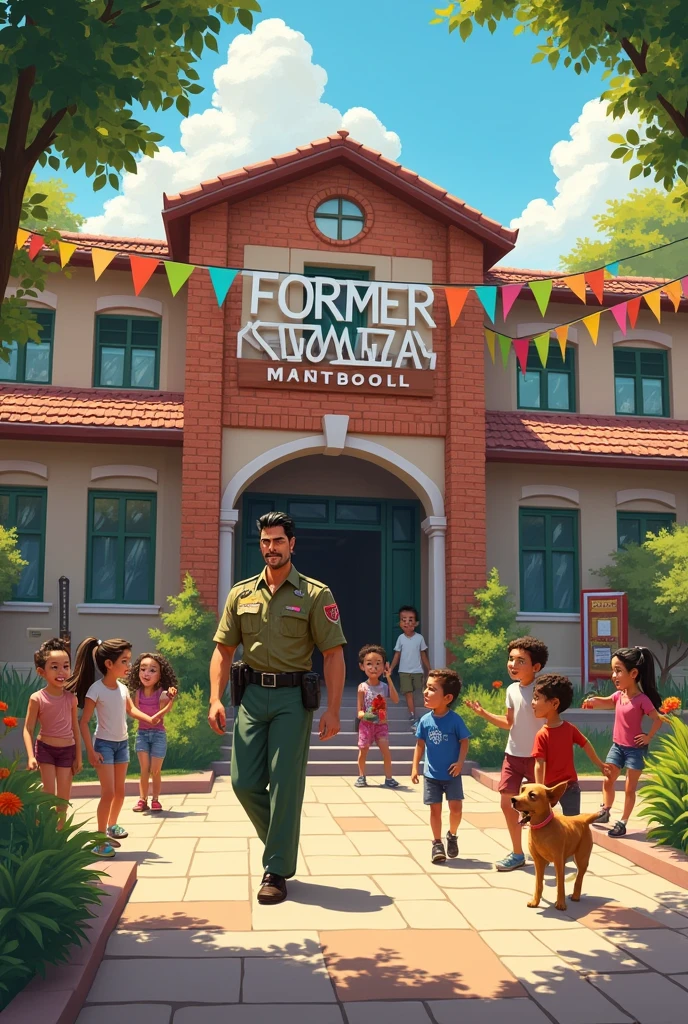 I want an image of a school with the name of former prevocational. A military man with black, thin hair arriving at school with his tan dog. And children outside the school happily waiting.