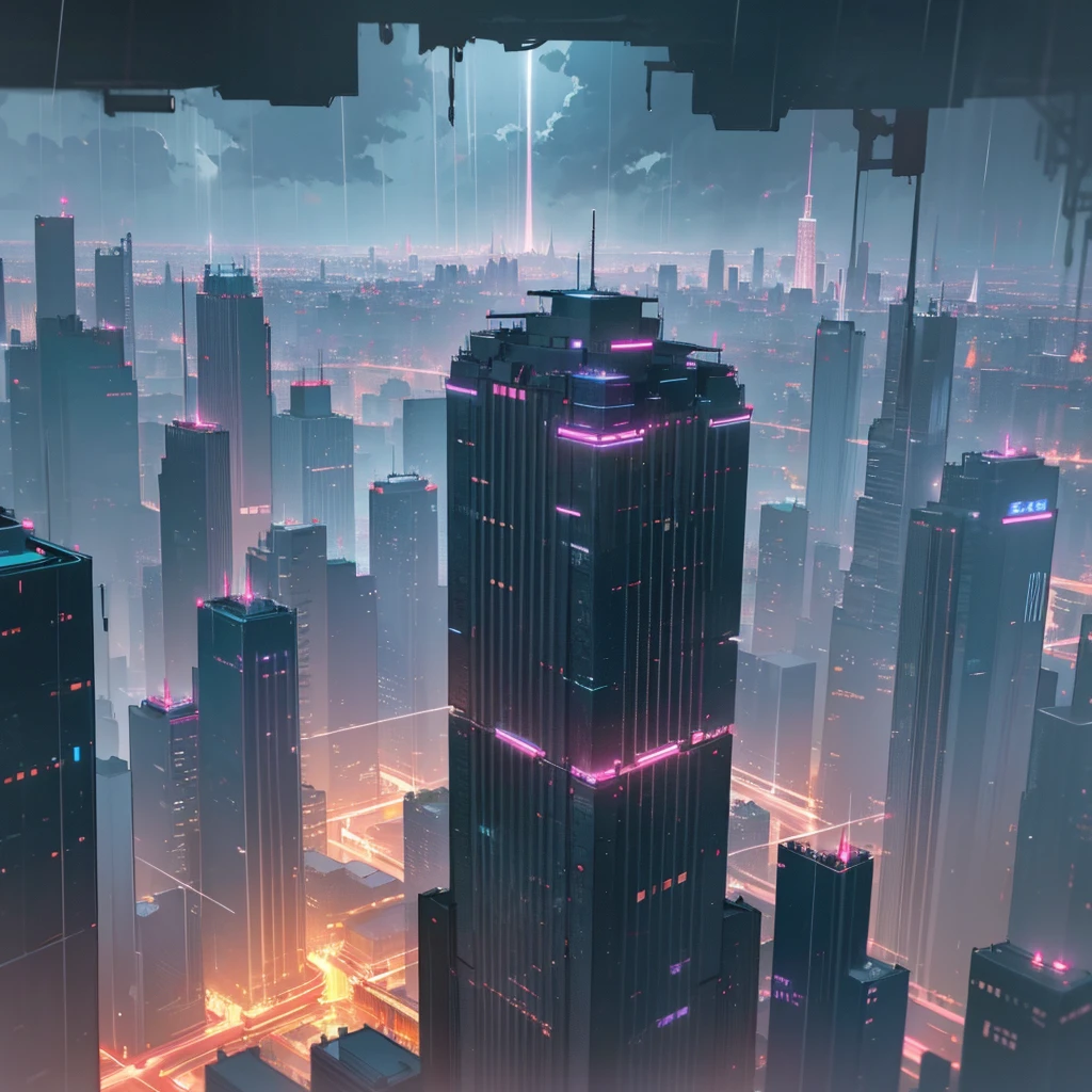 detailed night city background, 2D anime, cityscape, skyscrapers, neon lights, rainy atmosphere, moody lighting, dramatic clouds, vibrant colors, cinematic composition, photorealistic, intricate details, artstation, concept art