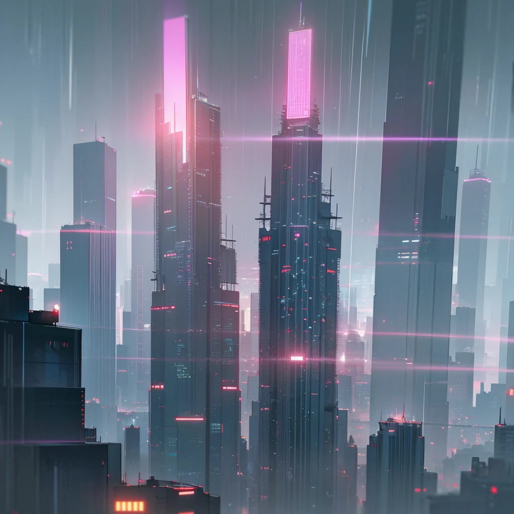 detailed night city background, 2D anime, cityscape, skyscrapers, neon lights, rainy atmosphere, moody lighting, dramatic clouds, vibrant colors, cinematic composition, photorealistic, intricate details, artstation, concept art