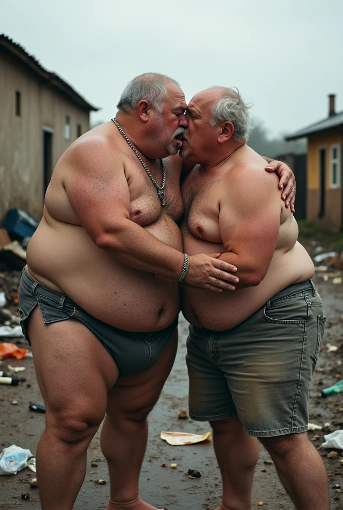 very fat naked old man with penis hugs another very fat naked man doing it on the garbage dump and sucks dick