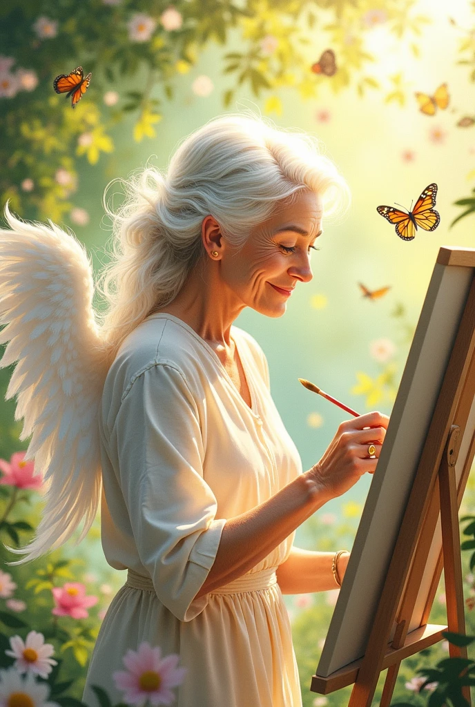 Elderly caregiver painting with angel wings