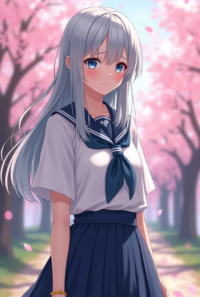 A 1 of Japanese and Russian descent with silver hair and blue eyes wearing a Japanese school uniform. 