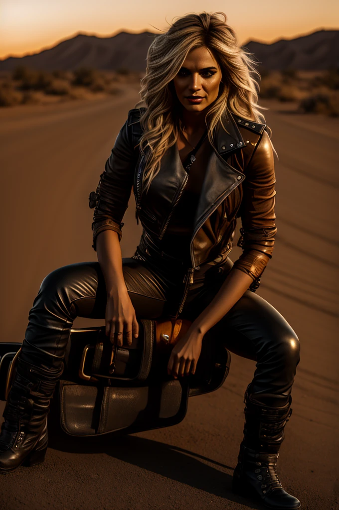 blond haired woman in leather pants leaning on a car in the desert, mad max inspired, mad max style, in mad max style, octane cgsociety, mad max fury road style, octane trending on cgsociety, apocalyptic road warrior vibe, octane. trending on artstation, cyberpunk 2 0 y. o model girl, diesel punk female, cgsociety inspired, mechanic punk outfit