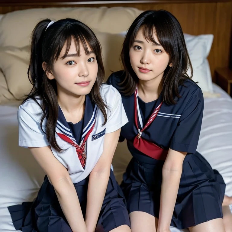 (Masterpiece, Best quality:1.4), (Ultra realistic, Photo-realistic:1.2), Natural light, 25 years old actress, Japanese women, Neat and clean, (school uniform, sailor suit, short sleeve suit, traditional Japanese style with white and navy blue colors, detailed red ribbon and navy blue pleated skirt:1.1), (Ponytail:1.2), Short wavy hair, Light brown hair color, (Beautiful Faces), Oval face, clear, (Beautiful eyes, Kind eyes), (Clear skin), Small face, (Small mouth), (Beautiful mouth), Natural makeup, Approachable, Luxury hotel Suite room, On bed, Seductive smile, (Seductive pose:1.3), (Beautiful thighs:1.1), (Bedroom eyes), (nsfw:1.1), (lesbian couple:1.1), (petting together), obscene reality of girls, (crotch rub:1.1),