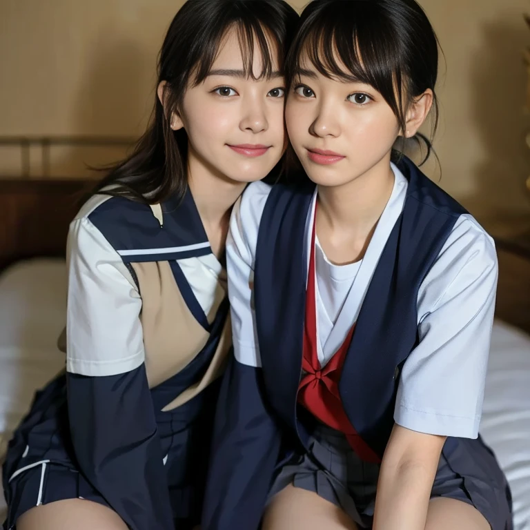 (Masterpiece, Best quality:1.4), (Ultra realistic, Photo-realistic:1.2), Natural light, 25 years old actress, Japanese women, Neat and clean, (school uniform, sailor suit, short sleeve suit:1.2), (traditional Japanese style with white and navy blue colors, detailed red ribbon and navy blue pleated skirt:1.1), (Ponytail:1.2), Short wavy hair, Light brown hair color, (Beautiful Faces), Oval face, clear, (Beautiful eyes, Kind eyes), (Clear skin), Small face, (Small mouth), (Beautiful mouth), Natural makeup, Approachable, Luxury hotel Suite room, On bed, Seductive smile, (Seductive pose:1.2), (Beautiful thighs:1.1), (Bedroom eyes), (nsfw:1.1), (lesbian couple:1.1), (petting together:1.2), obscene reality of girls, (crotch rub:1.1),