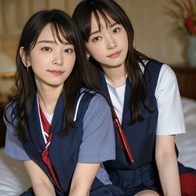 (Masterpiece, Best quality:1.4), (Ultra realistic, Photo-realistic:1.2), Natural light, 25 years old actress, Japanese women, Neat and clean, (school uniform, sailor suit, short sleeve suit, traditional Japanese style with white and navy blue colors, detailed red ribbon and navy blue pleated skirt:1.1), (Ponytail:1.2), Short wavy hair, Light brown hair color, (Beautiful Faces), Oval face, clear, (Beautiful eyes, Kind eyes), (Clear skin), Small face, (Small mouth), (Beautiful mouth), Natural makeup, Approachable, Luxury hotel Suite room, On bed, Seductive smile, (Seductive pose:1.3), (Beautiful thighs:1.1), (Bedroom eyes), (nsfw:1.1), (lesbian couple:1.1), (petting together), obscene reality of girls, (crotch rub:1.1),