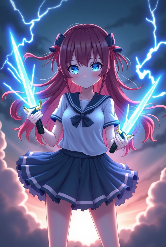 A cute anime girl who has lightning coming out of her body and she is holding two knifes one on each hand and she is also doing a cute standing pose and her eyes are blue and heart shaped and has beautiful hair and make it a bit more realistic.