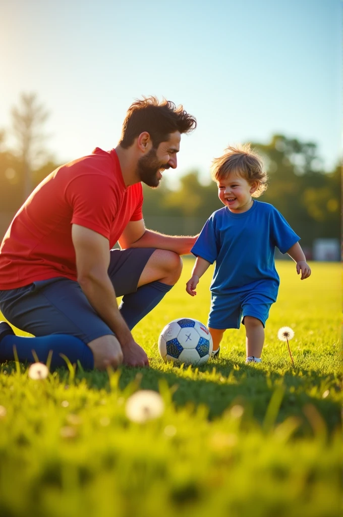 To create a father is a son in a football field with a ball on the side for painting