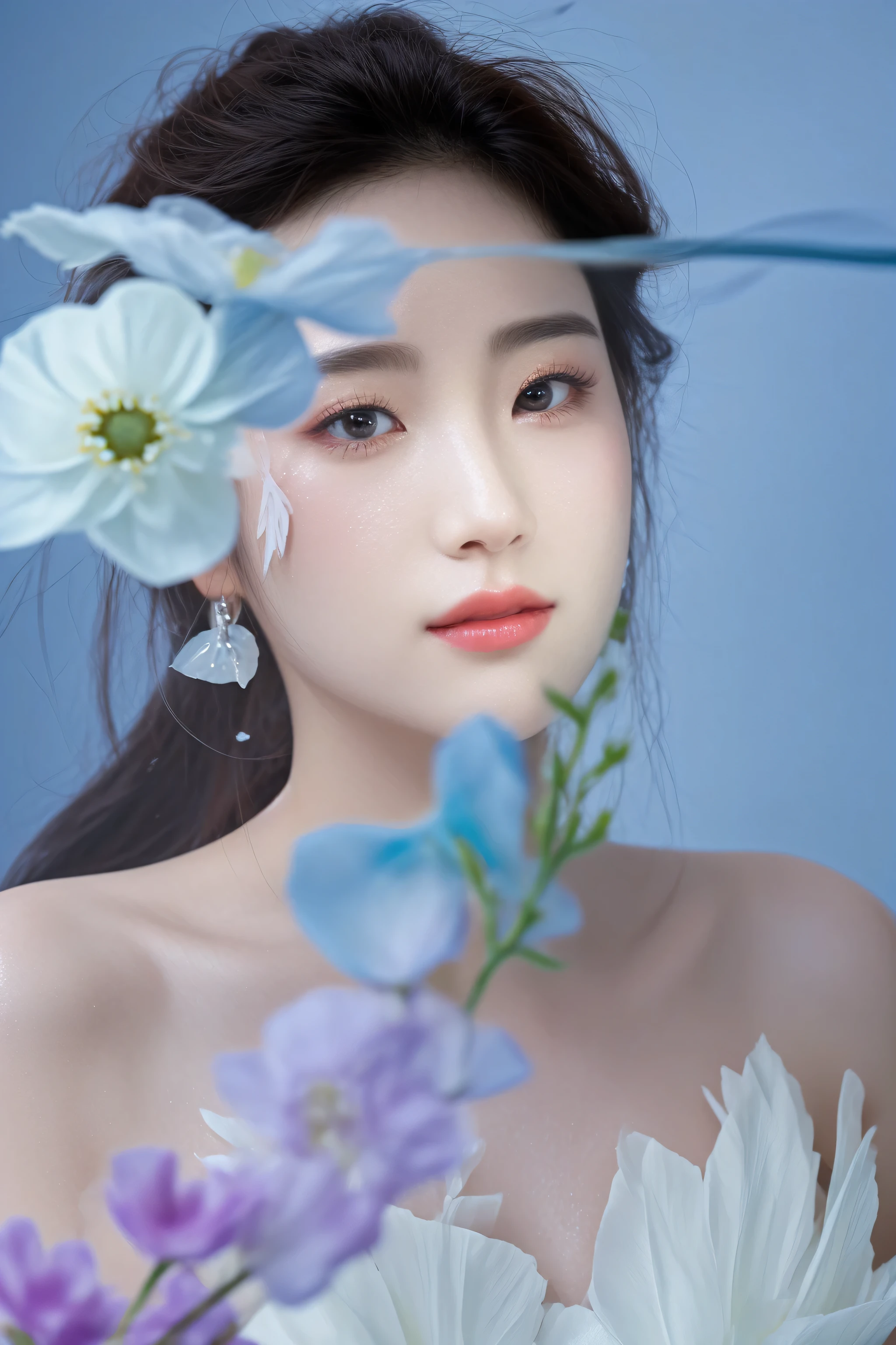 there is a woman with a white dress and blue flowers, closeup fantasy with water magic, with frozen flowers around her, ethereal beauty, portrait of a woman underwater, photo taken with nikon d750, photo taken with nikon d 7 5 0, closeup portrait shot, asian female water elemental, queen of the sea mu yanling, inspired by Huang Ji