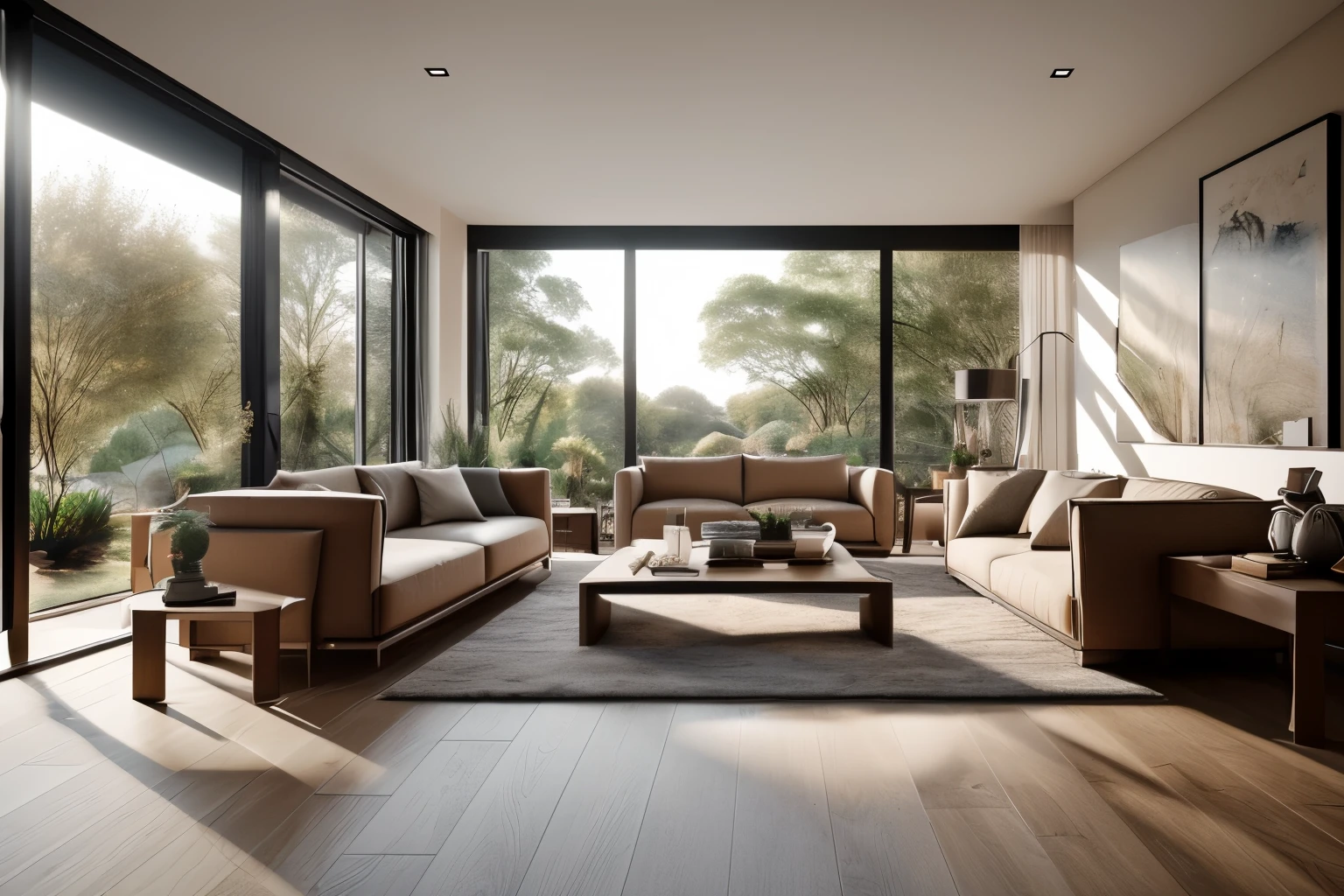 A scenic view of a modern living room featuring neutral tones and geometric shapes, surrounded by floor-to-ceiling windows overlooking a lush city park, shot on a Nikon Z7II capturing vibrant textures and soft lighting
