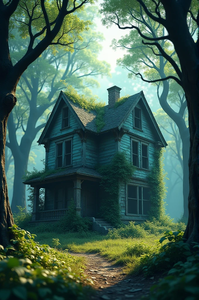 An old, abandoned house stands in the middle of a dense forest. The house looks eerie with peeling paint, ( animasi, cartoon, light effect, lighting is smooth, in 3d animation )