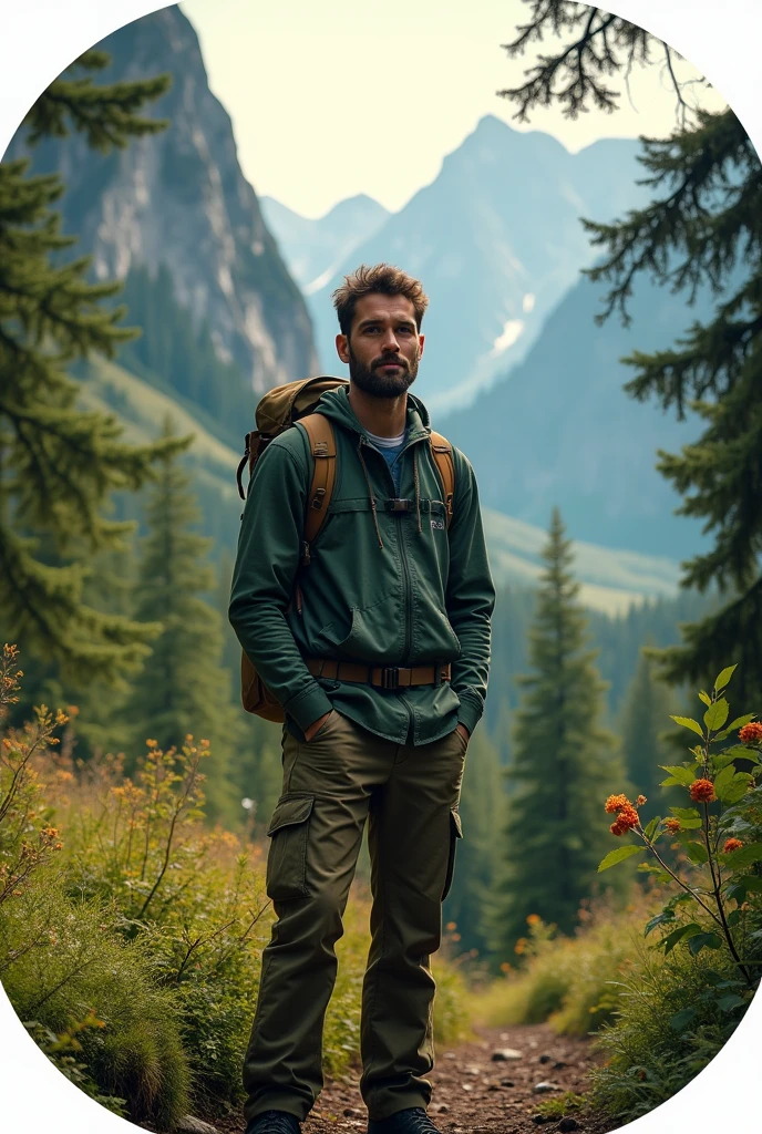 **Prompt**: "Design a high-resolution, circular YouTube channel display picture for a nature-focused channel featuring a man. The background should be rich and immersive, showcasing elements of nature such as a dense forest, mountains, or a scenic river. In the center, depict a man with a calm and content expression, possibly wearing outdoor gear, standing or sitting in a natural setting. The overall vibe should be adventurous and grounded, with earthy tones and natural light that convey a deep connection with the outdoors. Ensure the design is clean, easily recognizable, and reflects themes of nature exploration, serenity, and ruggedness."