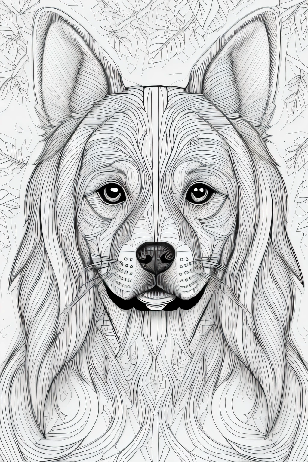 Adult coloring page, bold lines, dark lines, realistic dog face, super detailed, with leaves.
face, symmetrical, white background,
clean line art, thin line art.
Image should not exceed top margin.