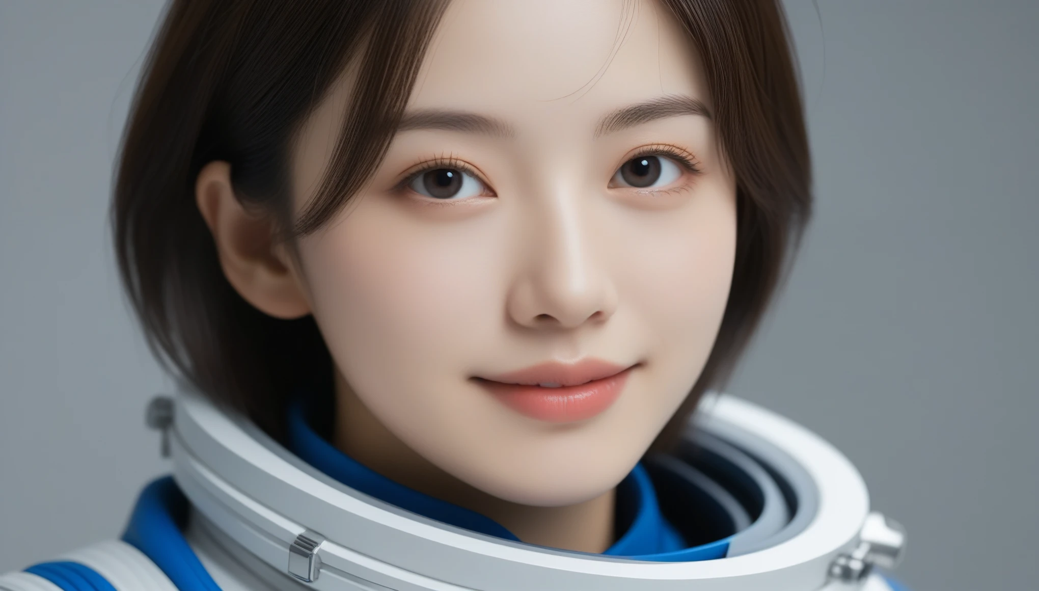 8k, Ultra-high resolution, Highest quality, masterpiece, 三分割法によるphotograph,Surreal, photograph, 1 , (:1.3), cute, cute顔, 細部までBeautiful Eyes, 細かくdetailedに,masterpiece,One Girl:1.2,Japanese women,Young Wife,upper body,smile,Black Short hair,Straight hair,(Space Suit:1.3),(Beautiful attention to detail),Subtle details, detailedな顔, smile,魅力的なsmile,Gray background,(ポートレートphotograph:1.4),(Photorealistic images:1.4),Fantasy art,(Beautiful Face:1.4),Beautiful and attractive eyes、Beautiful Eyes、(Tight waist:1.4)、(Beautiful with perfect body proportions:1.4),Pink Lips,(((Ideal body type))),A-cup small breasts :2,Perfect Anatomy、鮮明なdetailed、detailed,Fashion magazine cover,Thin lips,完璧でBeautiful Face ,完璧でcute顔, Skin with attention to detail, Perfect limbs、Narrow waist,Surreal,Light and shadow,spotlight