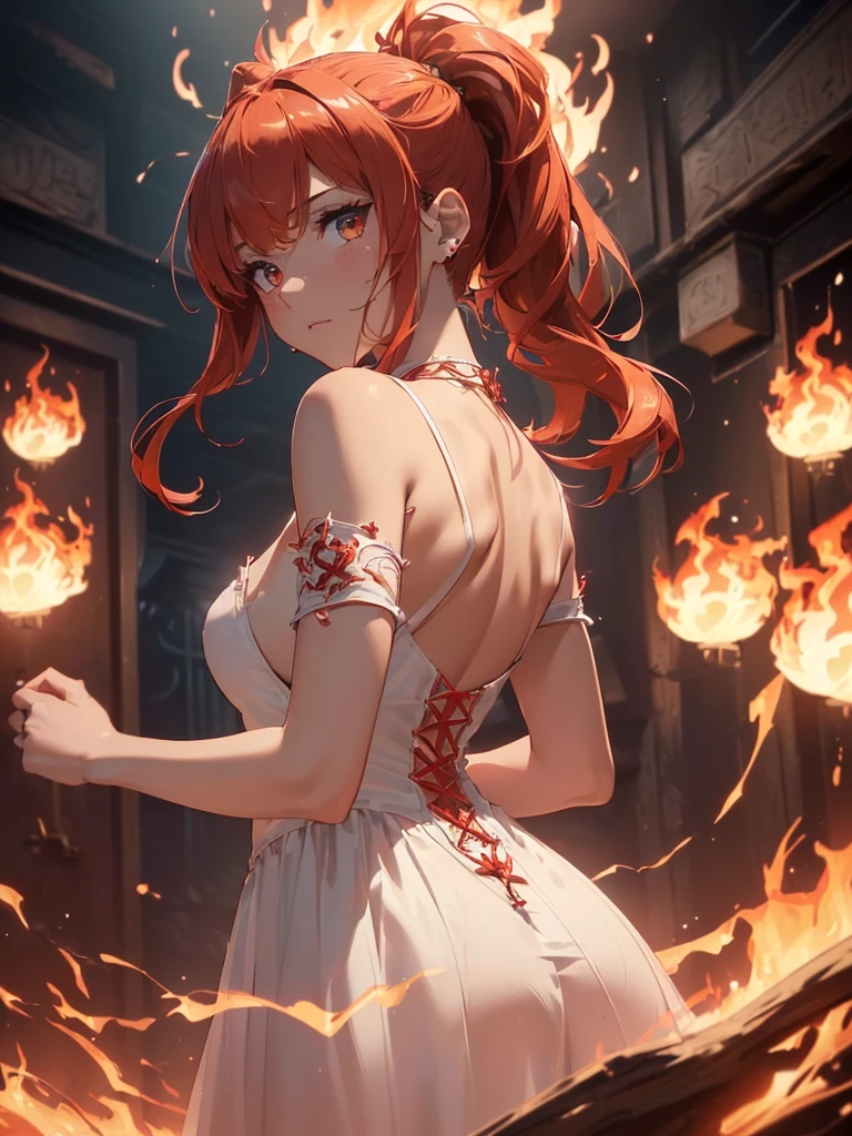 (((best quality, sharp image, clear image, cinematic lighting, 8k resolution, masterpiece, ultra detailed, intricate))) Girl, (((looking over right shoulder))), (shot from behind), ((half shot)), fiery red hair, pigtails, (white dress), ((flaming sigils, flaming runes)), spiky rock formations, flaming lotus flowers, busy background, (swirling flames).